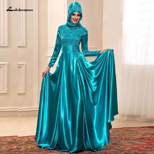 Blue Dress Wedding with Hijab Elegant Satin Bridal Dress Long Sleeve - ROYCEBRIDAL OFFICIAL STORE