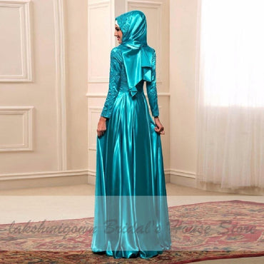 Blue Dress Wedding with Hijab Elegant Satin Bridal Dress Long Sleeve - ROYCEBRIDAL OFFICIAL STORE