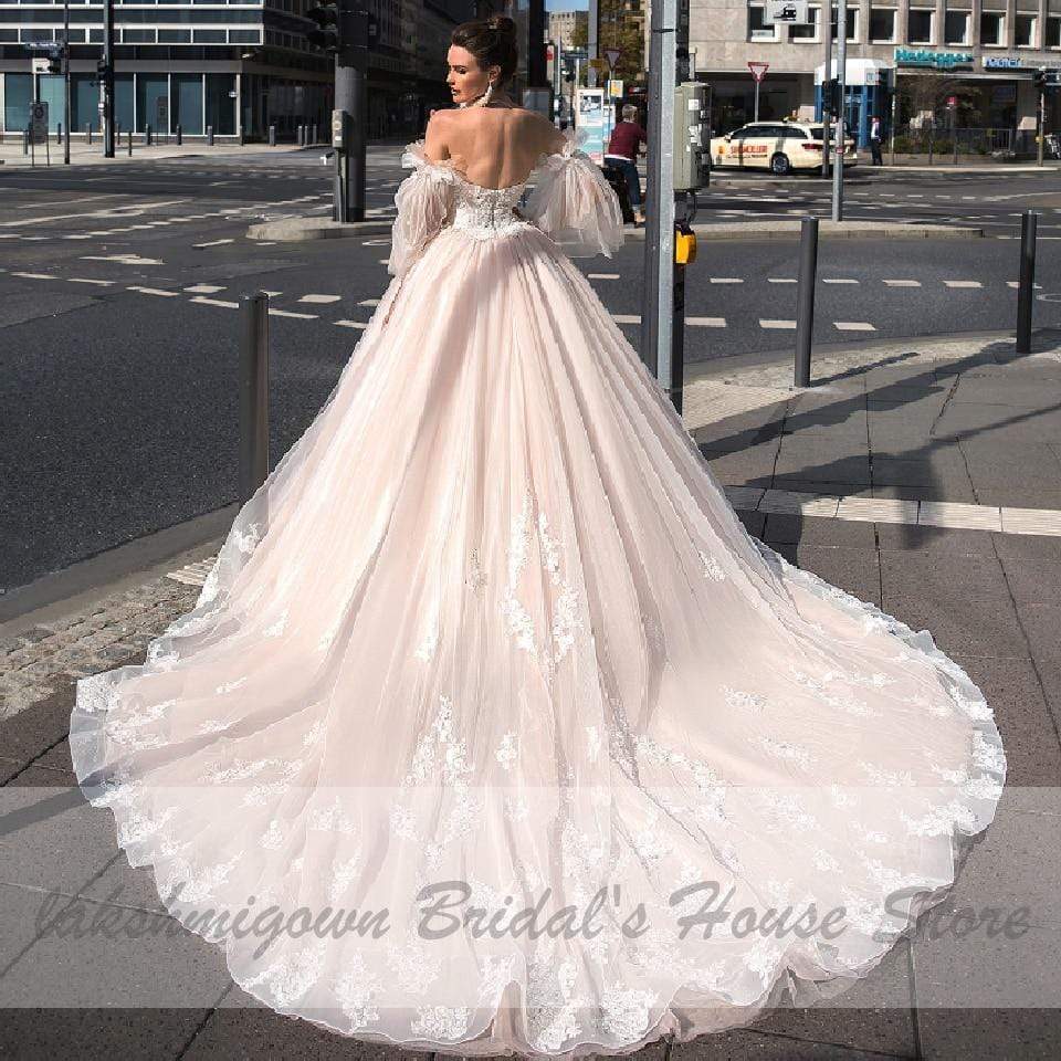 Blush Pink Princess Wedding Gowns with Sleeves - ROYCEBRIDAL OFFICIAL STORE