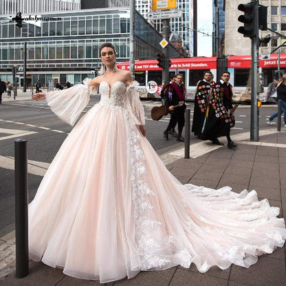 Blush Pink Princess Wedding Gowns with Sleeves - ROYCEBRIDAL OFFICIAL STORE