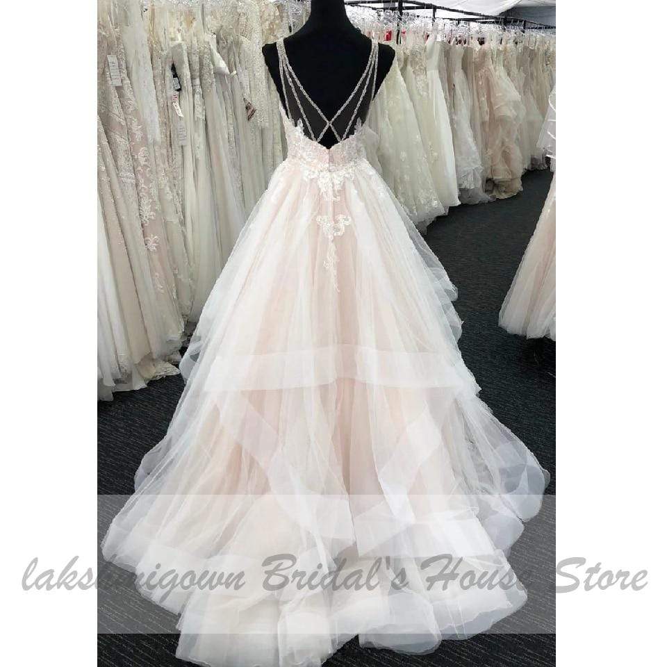 Blush Pink Wedding Dress V Neck Luxury Beading Lace Bridal - ROYCEBRIDAL OFFICIAL STORE