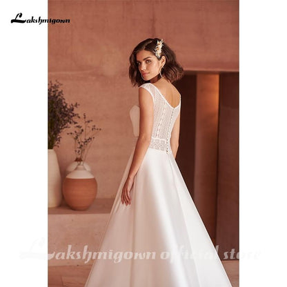 Bohe Beach A-Line Wedding Dresses Lace High Neck Chiffon - ROYCEBRIDAL OFFICIAL STORE