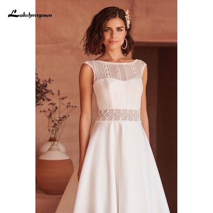 Bohe Beach A-Line Wedding Dresses Lace High Neck Chiffon - ROYCEBRIDAL OFFICIAL STORE