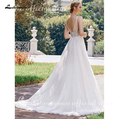 Bohemian Wedding Dresses 2021 V Neck Sexy Sleeveless Lace Applique Backless A Line Wedding Gown Soft Tulle Bridal Dress - ROYCEBRIDAL OFFICIAL STORE