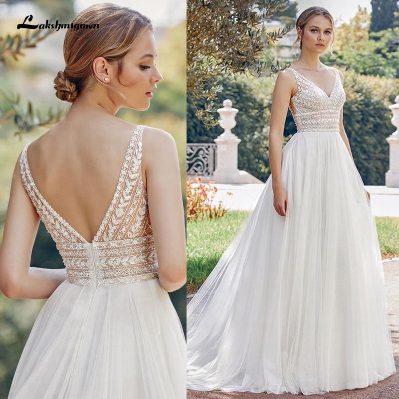 Bohemian Wedding Dresses 2021 V Neck Sexy Sleeveless Lace Applique Backless A Line Wedding Gown Soft Tulle Bridal Dress - ROYCEBRIDAL OFFICIAL STORE