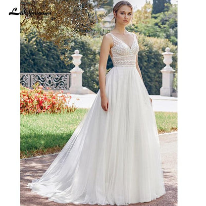 Bohemian Wedding Dresses 2021 V Neck Sexy Sleeveless Lace Applique Backless A Line Wedding Gown Soft Tulle Bridal Dress - ROYCEBRIDAL OFFICIAL STORE