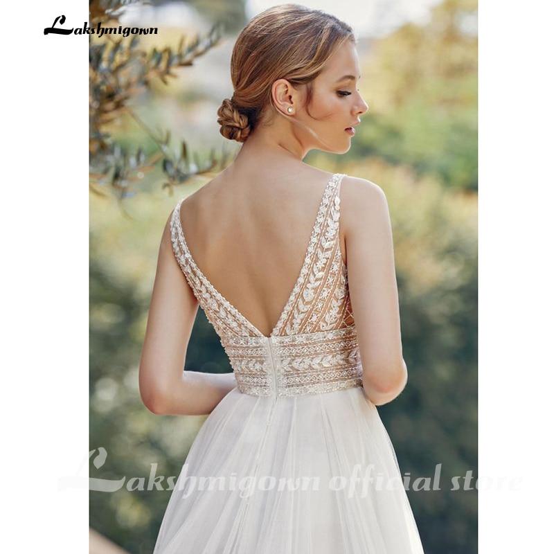 Bohemian Wedding Dresses 2021 V Neck Sexy Sleeveless Lace Applique Backless A Line Wedding Gown Soft Tulle Bridal Dress - ROYCEBRIDAL OFFICIAL STORE