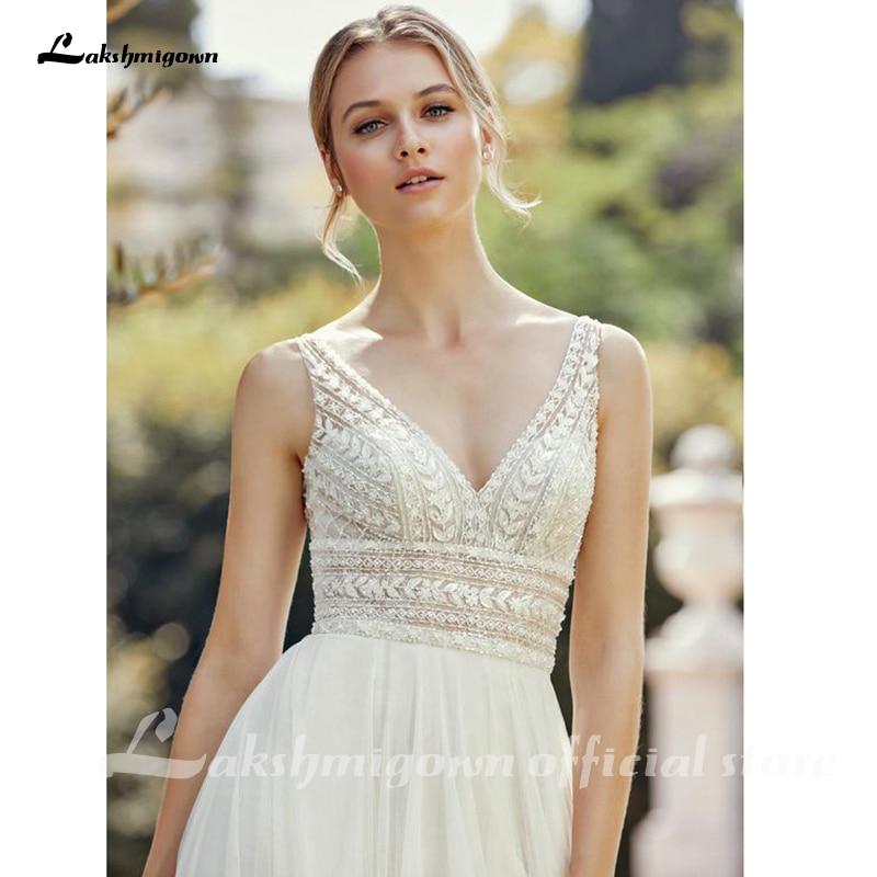 Bohemian Wedding Dresses 2021 V Neck Sexy Sleeveless Lace Applique Backless A Line Wedding Gown Soft Tulle Bridal Dress - ROYCEBRIDAL OFFICIAL STORE