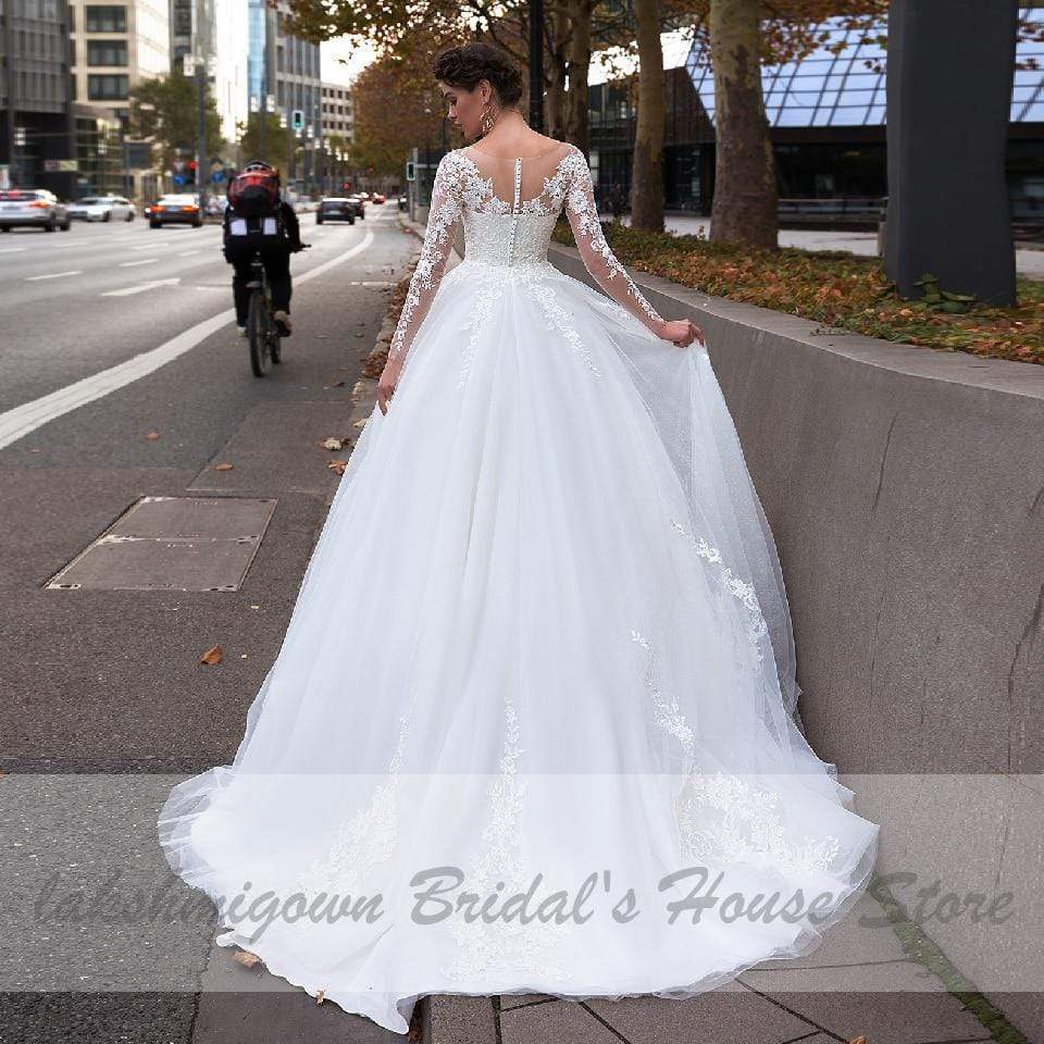 Bohemian White Tulle Wedding Dress Long Sleeve - ROYCEBRIDAL OFFICIAL STORE