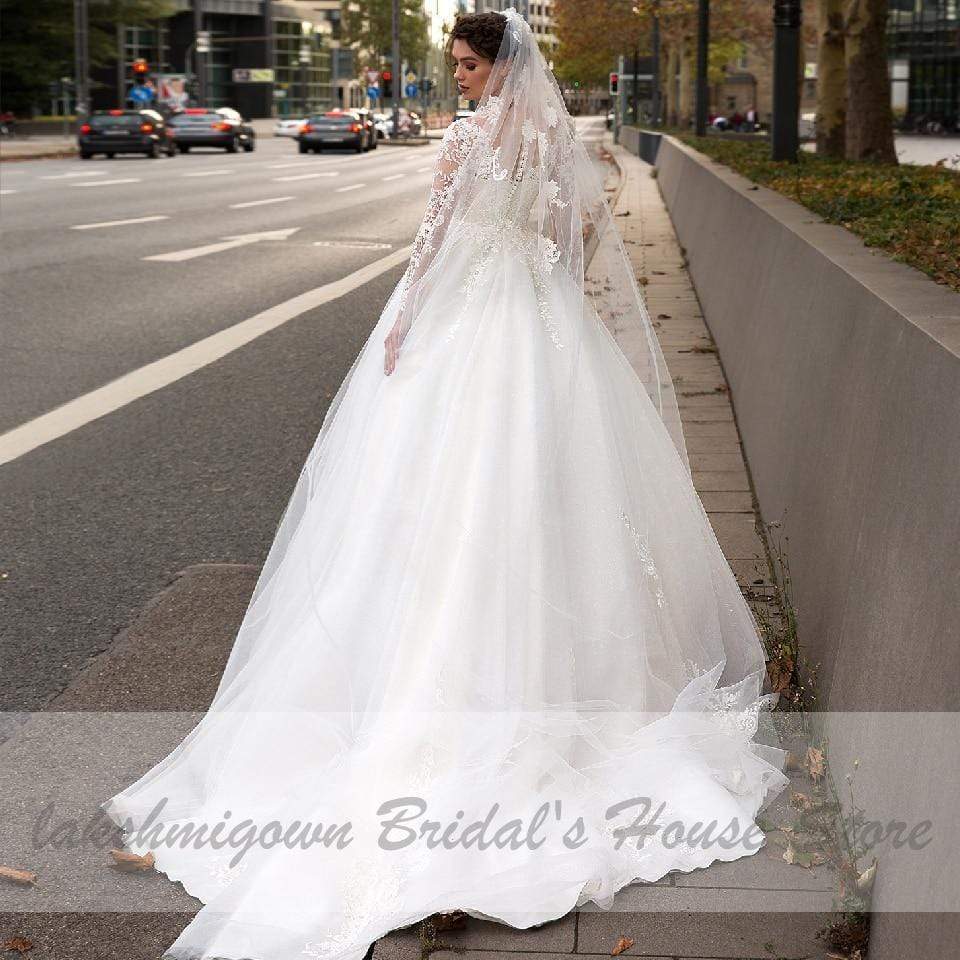 Bohemian White Tulle Wedding Dress Long Sleeve - ROYCEBRIDAL OFFICIAL STORE