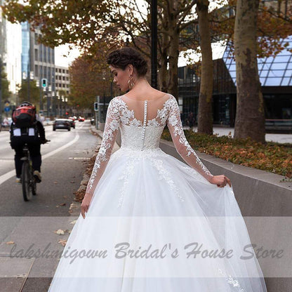 Bohemian White Tulle Wedding Dress Long Sleeve - ROYCEBRIDAL OFFICIAL STORE