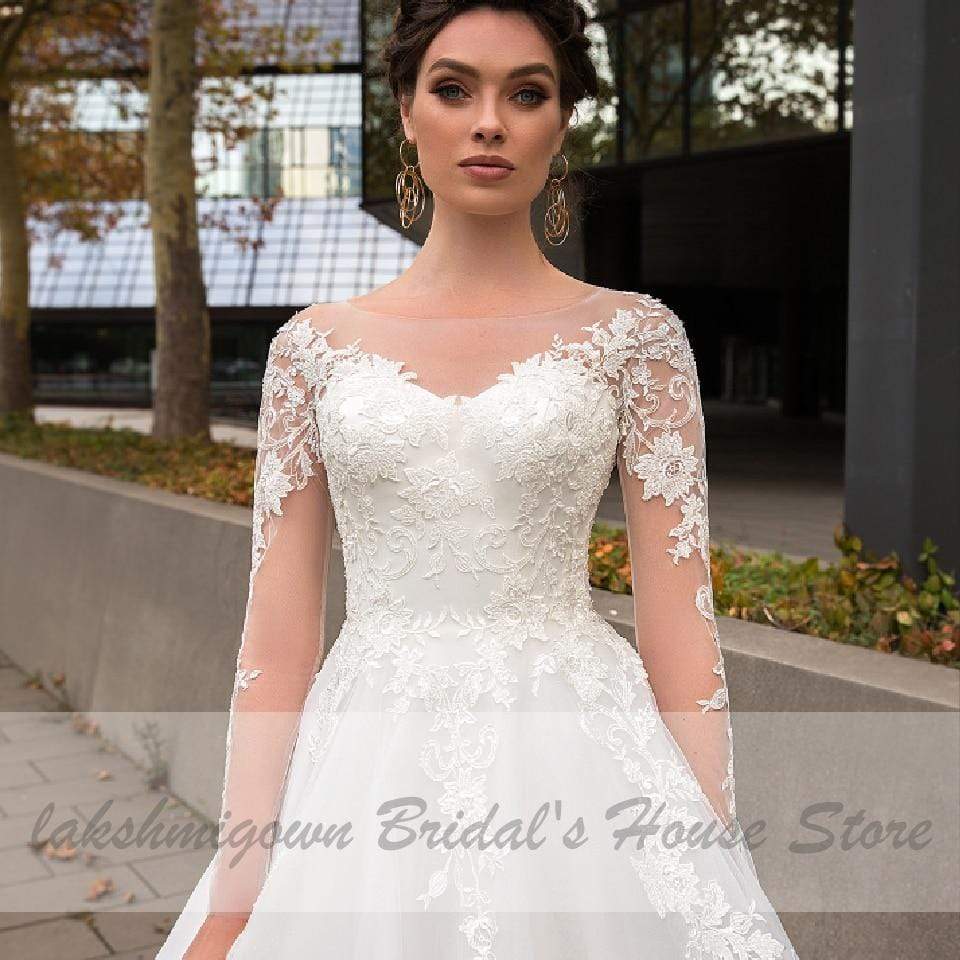 Bohemian White Tulle Wedding Dress Long Sleeve - ROYCEBRIDAL OFFICIAL STORE