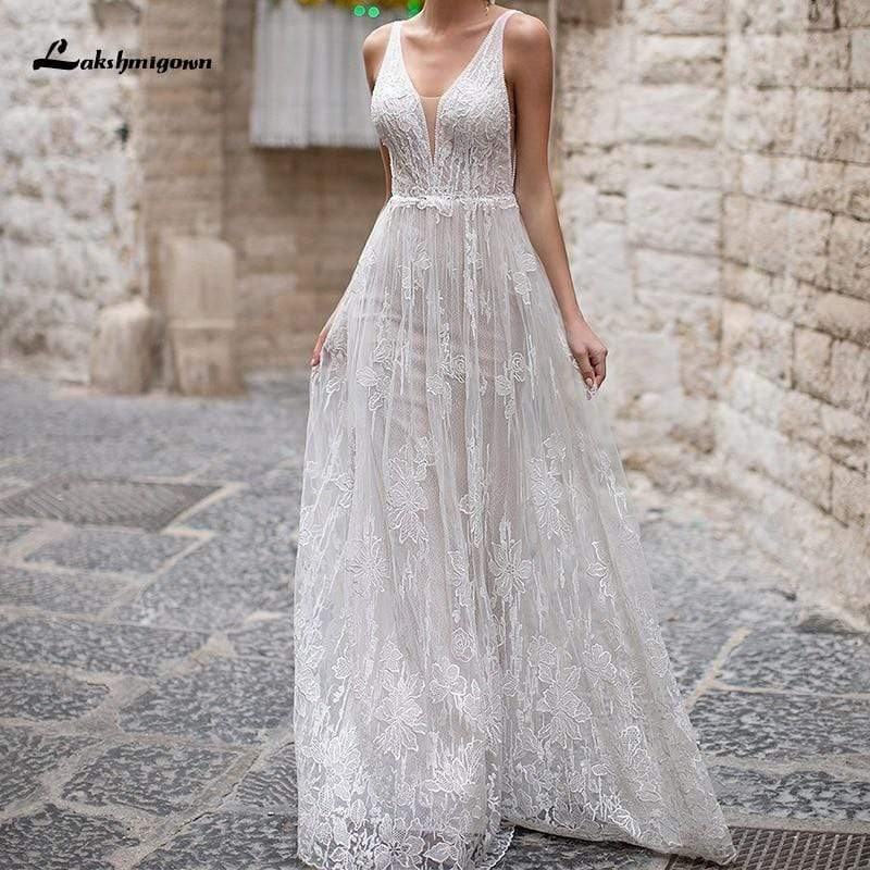 Boho Appliques Backless A-line Wedding Dresses - ROYCEBRIDAL OFFICIAL STORE