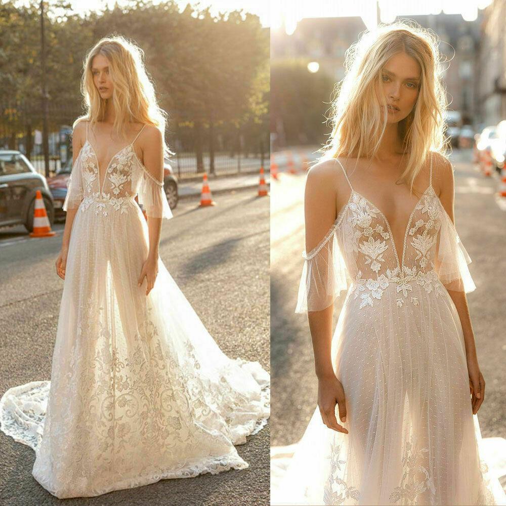 Boho Beach A Line Wedding Dresses Sexy Spaghetti Lace Appliques - ROYCEBRIDAL OFFICIAL STORE