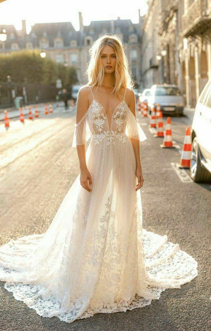 Boho Beach A Line Wedding Dresses Sexy Spaghetti Lace Appliques - ROYCEBRIDAL OFFICIAL STORE