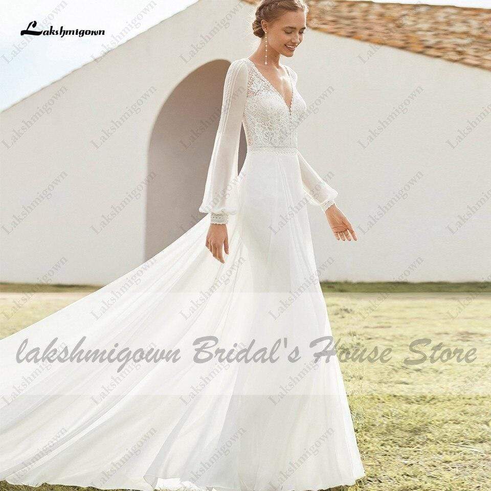 Boho Dress Puffy Long Sleeve Wedding Gowns with Train - ROYCEBRIDAL OFFICIAL STORE