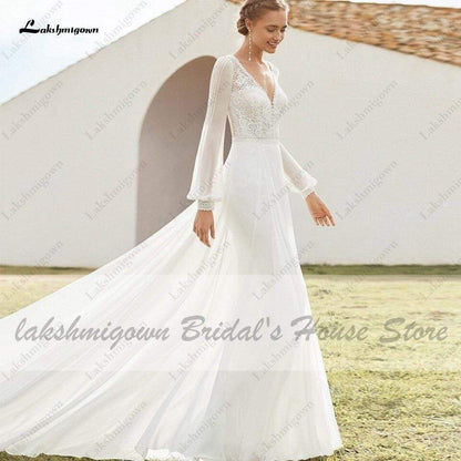 Boho Dress Puffy Long Sleeve Wedding Gowns with Train - ROYCEBRIDAL OFFICIAL STORE