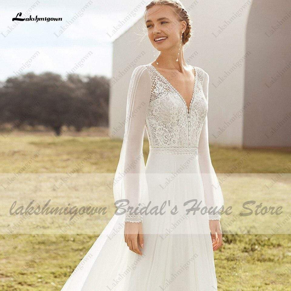 Boho Dress Puffy Long Sleeve Wedding Gowns with Train - ROYCEBRIDAL OFFICIAL STORE