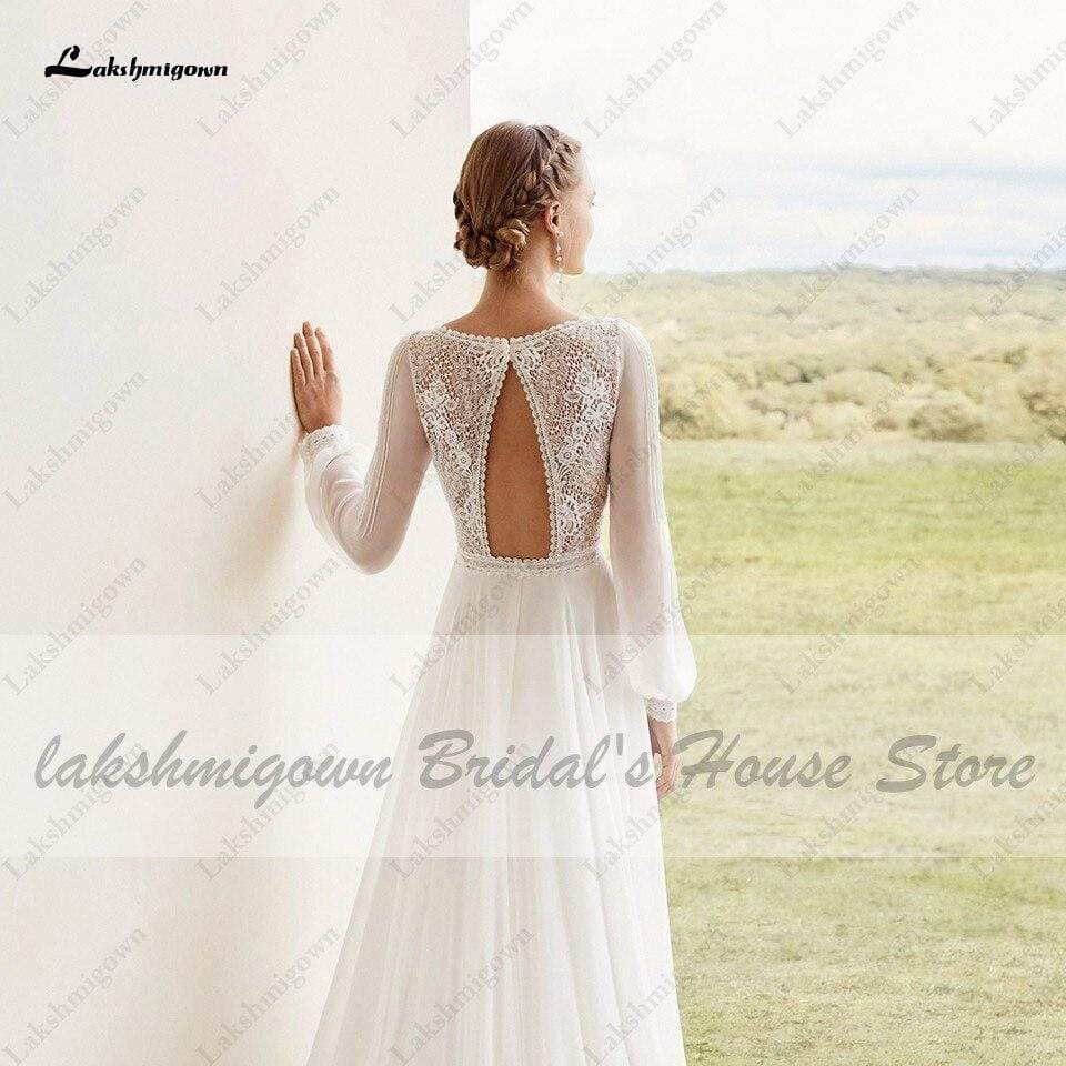 Boho Dress Puffy Long Sleeve Wedding Gowns with Train - ROYCEBRIDAL OFFICIAL STORE