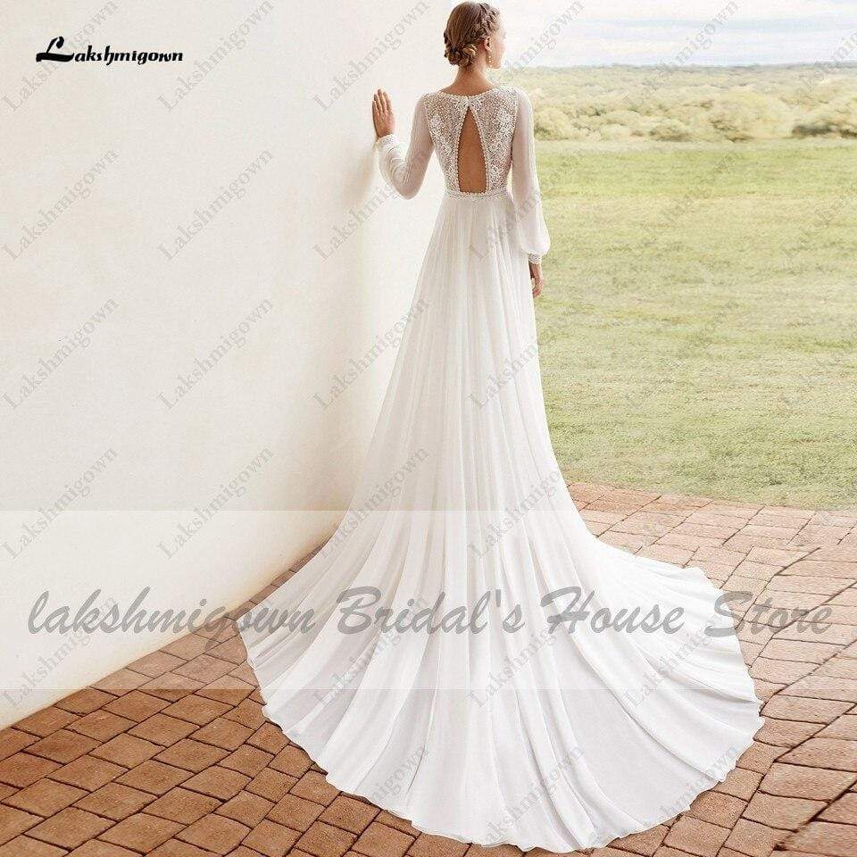 Boho Dress Puffy Long Sleeve Wedding Gowns with Train - ROYCEBRIDAL OFFICIAL STORE