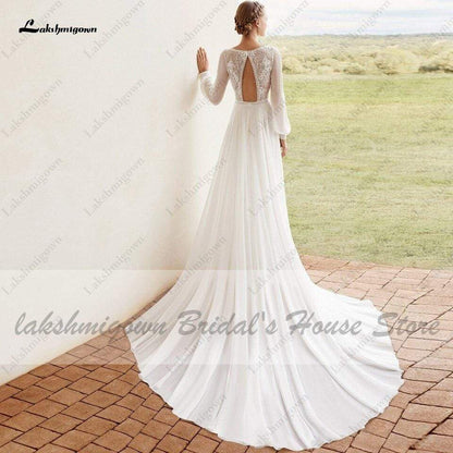 Boho Dress Puffy Long Sleeve Wedding Gowns with Train - ROYCEBRIDAL OFFICIAL STORE