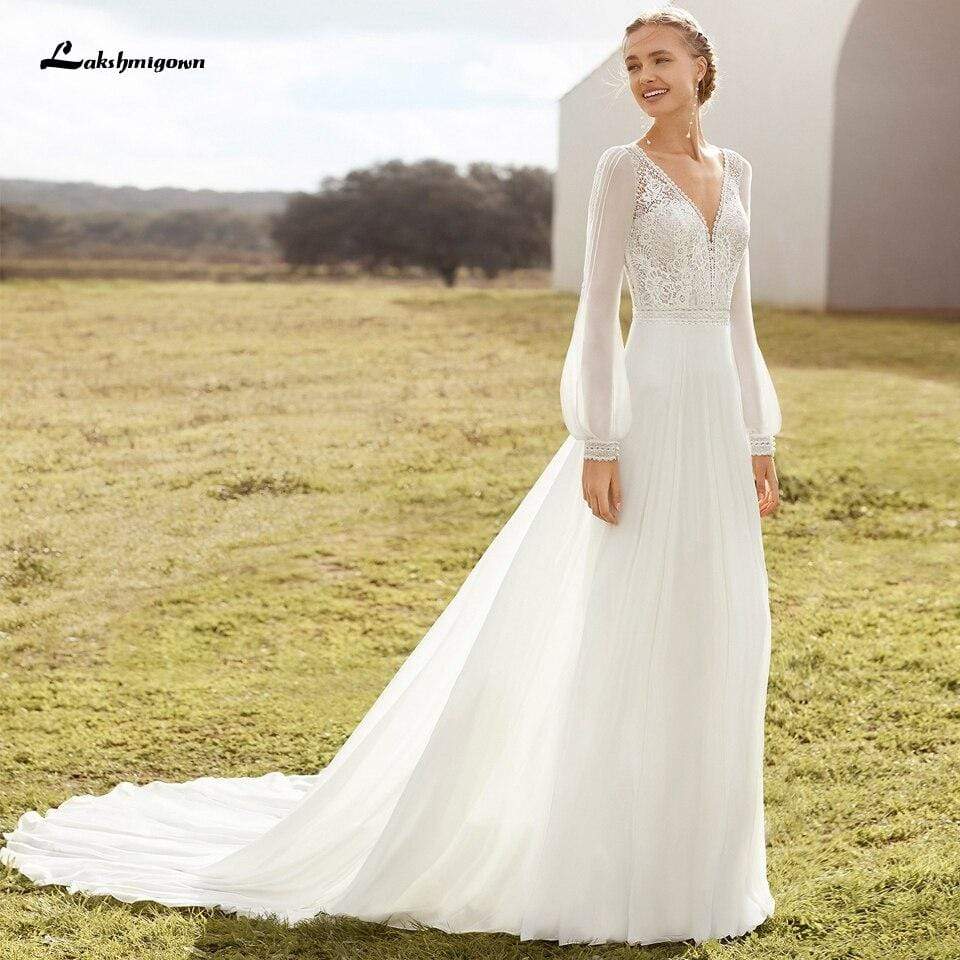 Boho Dress Puffy Long Sleeve Wedding Gowns with Train - ROYCEBRIDAL OFFICIAL STORE