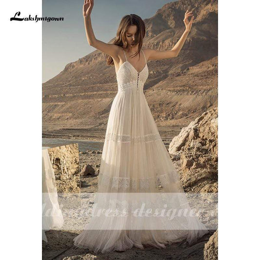 Boho Lace Wedding Dress Deep V Neck Backless Robe Sexy Bridal Gown - ROYCEBRIDAL OFFICIAL STORE