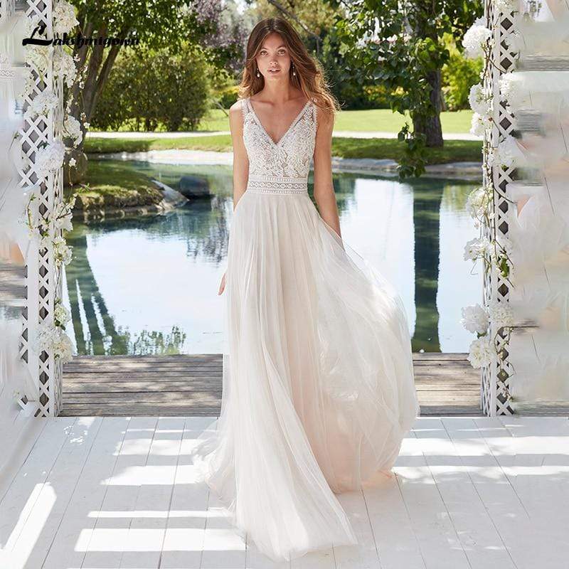 Boho Lace Wedding Dress Sleeveless Beach Bride Dress A-Line - ROYCEBRIDAL OFFICIAL STORE