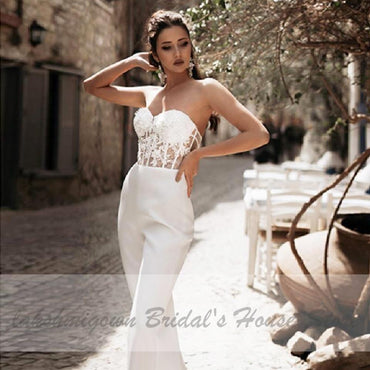 Bridal Dress Satin Wedding Jumpsuit Bohemian Sweetheart Off Shoulder - ROYCEBRIDAL OFFICIAL STORE