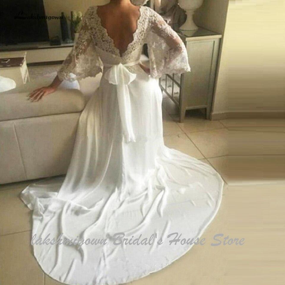 Bohemian Wedding Dresses Illusion Lace Bridal Gown Backless Long Sleeve Deep V Neck Boho Chiffon Plus Size Beach Bridal Dress - ROYCEBRIDAL OFFICIAL STORE