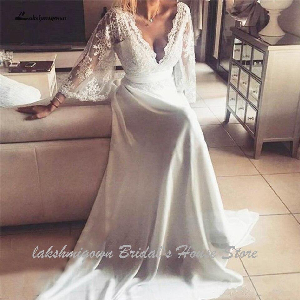 Bohemian Wedding Dresses Illusion Lace Bridal Gown Backless Long Sleeve Deep V Neck Boho Chiffon Plus Size Beach Bridal Dress - ROYCEBRIDAL OFFICIAL STORE