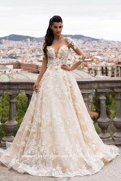 3D Floral Appliques Lace Wedding Dresses Vintage Champagne - ROYCEBRIDAL OFFICIAL STORE