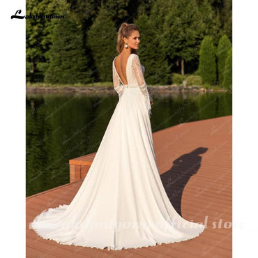 Chic Puff Sleeve Wedding Dress Lace Appliques - ROYCEBRIDAL OFFICIAL STORE