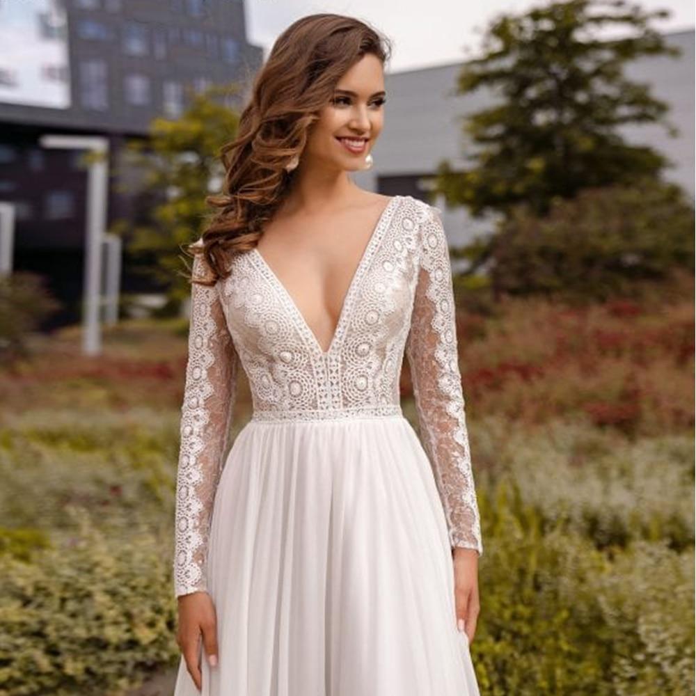 Chiffon A Line Bridal Dress Sexy V-neck Applique Lace Long Sleeve - ROYCEBRIDAL OFFICIAL STORE