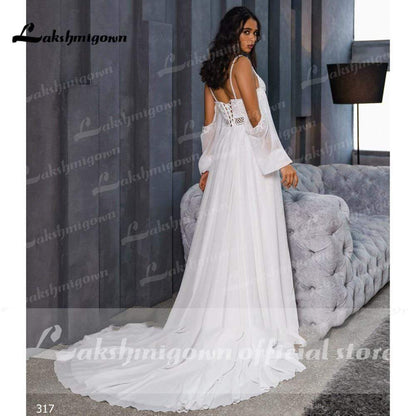 Chiffon Backless Spaghetti Straps lantern Sleeve Wedding Dresses - ROYCEBRIDAL OFFICIAL STORE