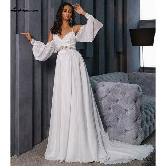 Chiffon Backless Spaghetti Straps lantern Sleeve Wedding Dresses - ROYCEBRIDAL OFFICIAL STORE