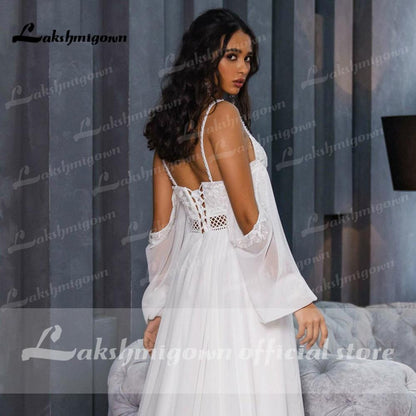 Chiffon Backless Spaghetti Straps lantern Sleeve Wedding Dresses - ROYCEBRIDAL OFFICIAL STORE