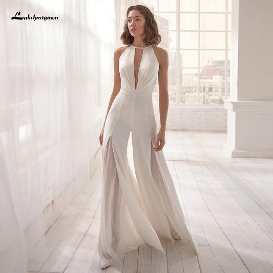 Classic Bridal Halter Jumpsuit Wedding Dress - ROYCEBRIDAL OFFICIAL STORE