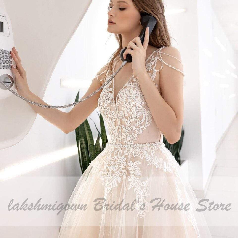 Classic Champagne Wedding Dress V-Neck Lace Appliques Princess - ROYCEBRIDAL OFFICIAL STORE