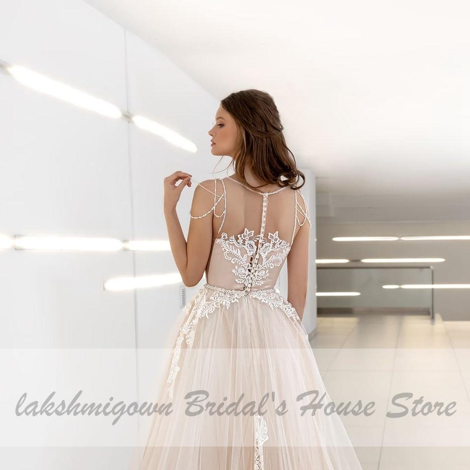 Classic Champagne Wedding Dress V-Neck Lace Appliques Princess - ROYCEBRIDAL OFFICIAL STORE