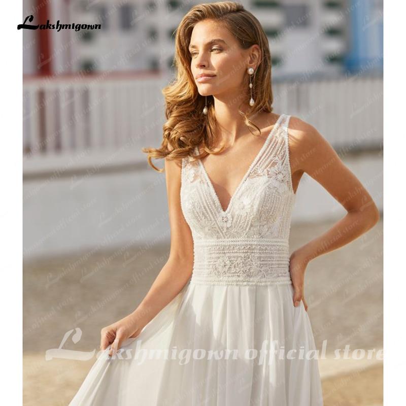 Deep V Champagne Wedding Dress A Line long sleeves - ROYCEBRIDAL OFFICIAL STORE