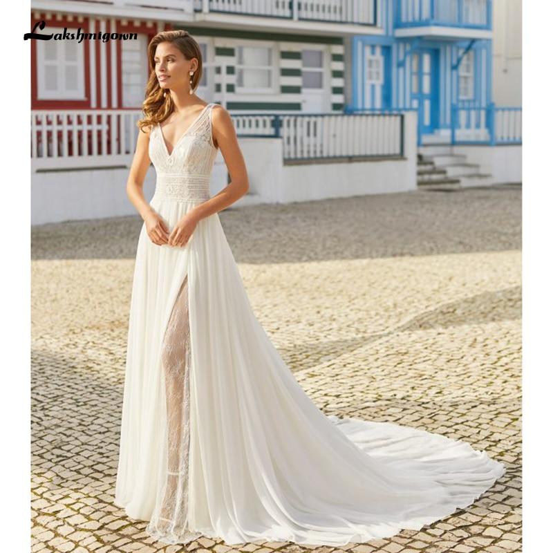 Deep V Champagne Wedding Dress A Line long sleeves - ROYCEBRIDAL OFFICIAL STORE