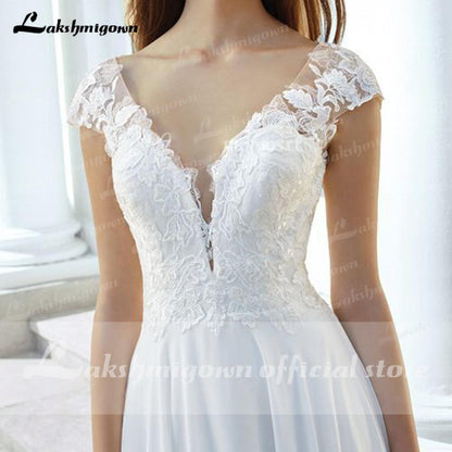 Deep V Neck Lace Backless Cap Sleeve Bridal Wedding Dresses - ROYCEBRIDAL OFFICIAL STORE