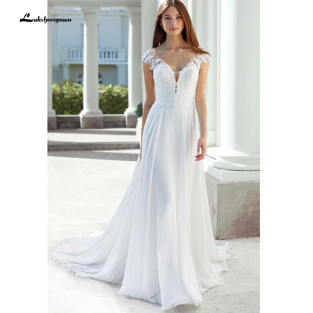 Deep V Neck Lace Backless Cap Sleeve Bridal Wedding Dresses - ROYCEBRIDAL OFFICIAL STORE