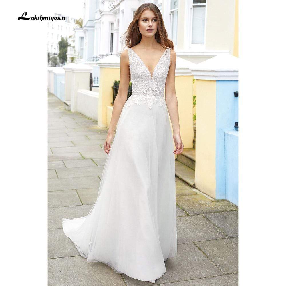 Deep V Neck Lace Backless Wedding Dresses - ROYCEBRIDAL OFFICIAL STORE