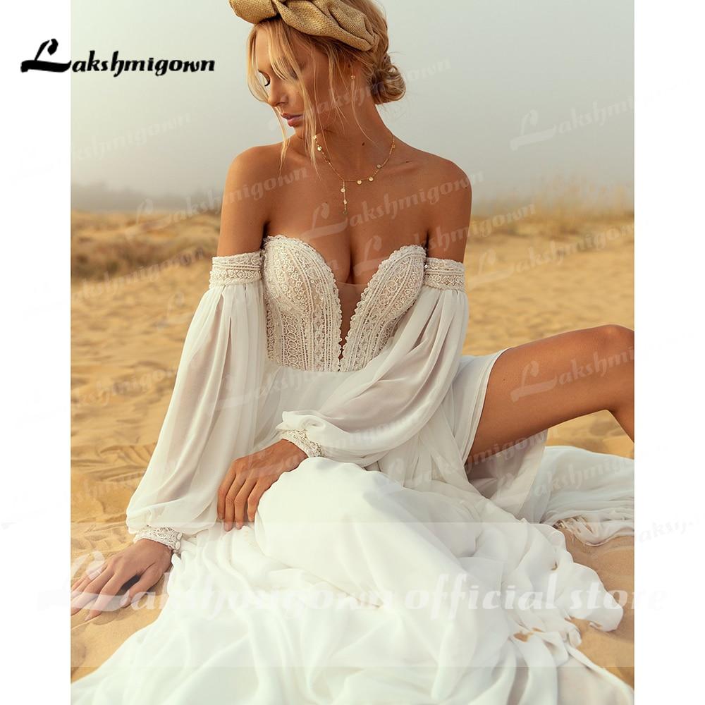 Deep V Neck Lace Chiffon lantern Sleeve Wedding Dresses - ROYCEBRIDAL OFFICIAL STORE