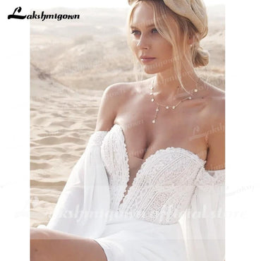 Deep V Neck Lace Chiffon lantern Sleeve Wedding Dresses - ROYCEBRIDAL OFFICIAL STORE