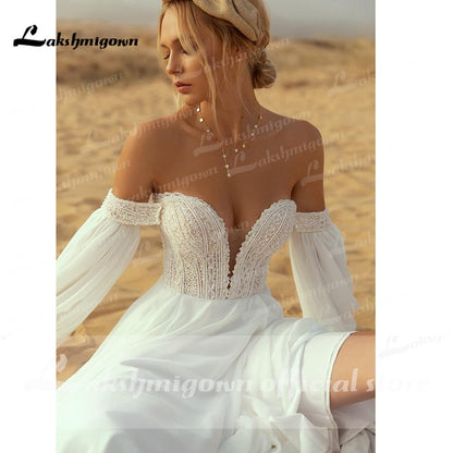 Deep V Neck Lace Chiffon lantern Sleeve Wedding Dresses - ROYCEBRIDAL OFFICIAL STORE