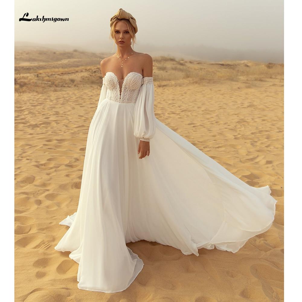 Deep V Neck Lace Chiffon lantern Sleeve Wedding Dresses - ROYCEBRIDAL OFFICIAL STORE