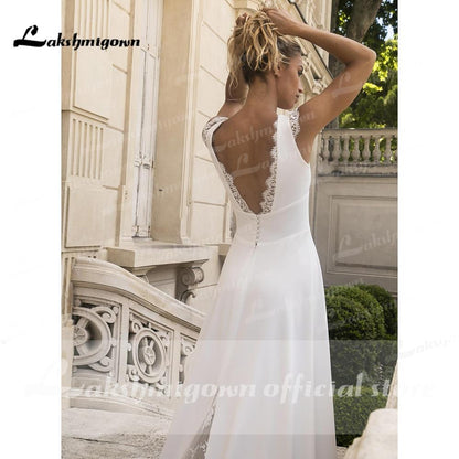 Deep V Neck Lace Satin Backless Beach A Line Wedding Dresses - ROYCEBRIDAL OFFICIAL STORE